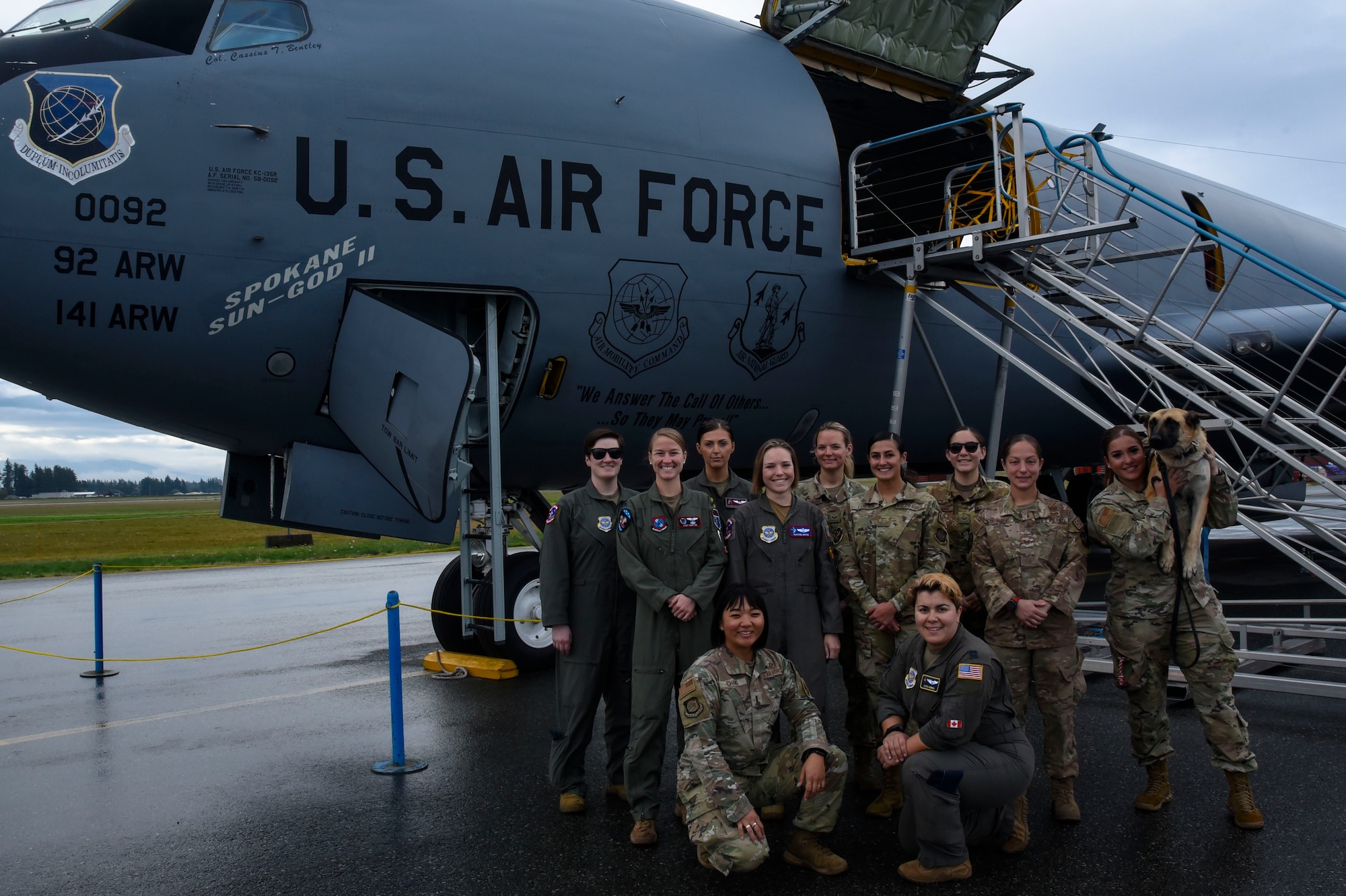 An all-female crew from Fairchild Air Force Base pose in front of a KC-135 Stratotanker during “The Sky’s No Limit: Girls Fly Too” event in Abbotsford, Canada, Oct. 3, 2021. The event gave Airmen from Fairchild an opportunity to empower young ladies, and inspire them to pursue various career opportunities. (U.S. Air Force photo by 2nd Lt. Michelle Chang)