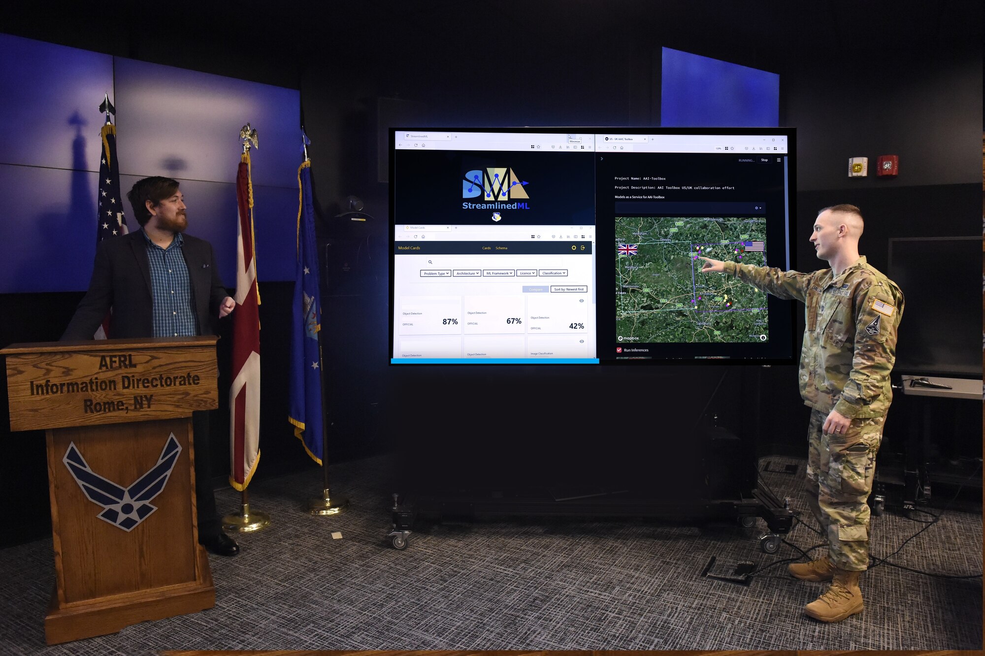 U.S. participants, Air Force Capt. William Dallmann and Cody Kearse of the Air Force Research Laboratory’s Information Directorate at Rome, New York, interact with UK and U.S. AI tools during the virtual demonstration as part of the UK and U.S. collaboration for accelerating AI development, Oct. 18, 2021. (Courtesy photo)
