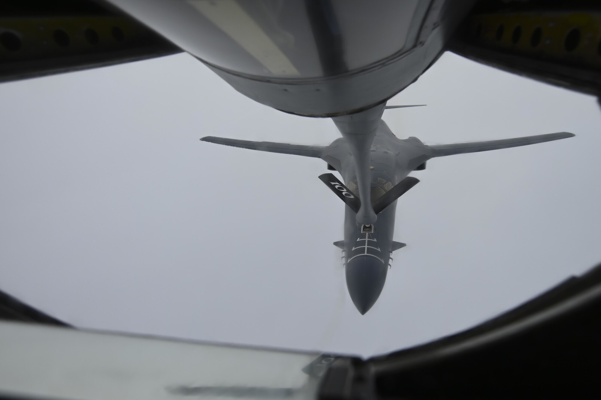 A 9th Expeditionary Bomb Squadron B-1B Lancer, deployed in support of Bomber Task Force Europe 22-1, receives fuel from a 100th Air Refueling Wing KC-135 Stratotanker enroute to a Black Sea maritime targeting training mission, Oct. 19, 2021. The Bomber Task Force Europe mission series requires a joint and coalition force to support strategic bomber deployments within the European theater, which amplifies readiness and promotes interoperability between rotational bomber aircrew, NATO allies, and coalition partners.