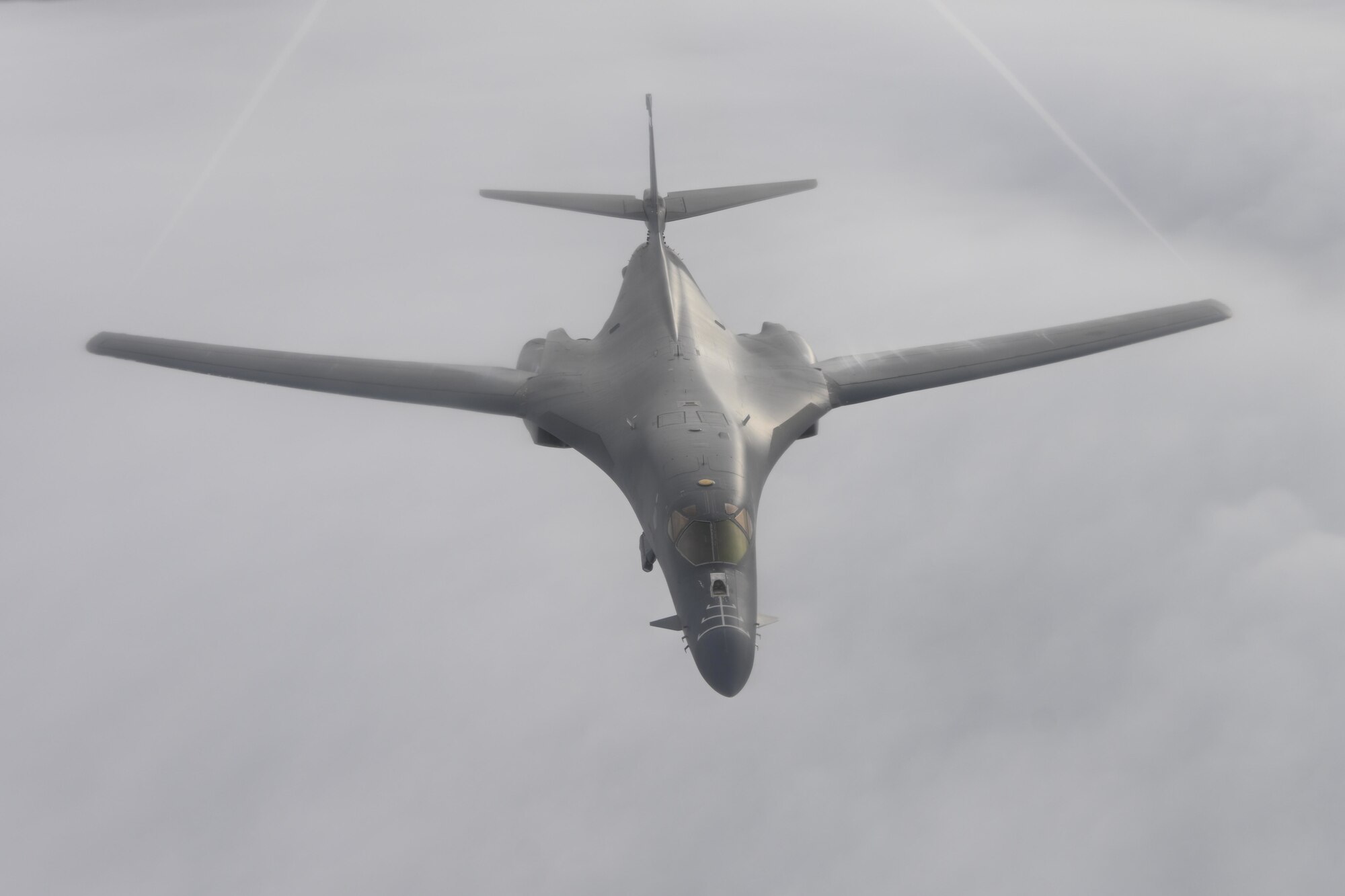A 9th Expeditionary Bomb Squadron B-1B Lancer, deployed in support of Bomber Task Force Europe 22-1, flies away after receiving fuel from a 100th Air Refueling Wing KC-135 Stratotanker enroute to a Black Sea maritime targeting training mission, Oct. 19, 2021. The Bomber Task Force Europe mission series requires a joint and coalition force to support strategic bomber deployments within the European theater, which amplifies readiness and promotes interoperability between rotational bomber aircrew, NATO allies, and coalition partners.