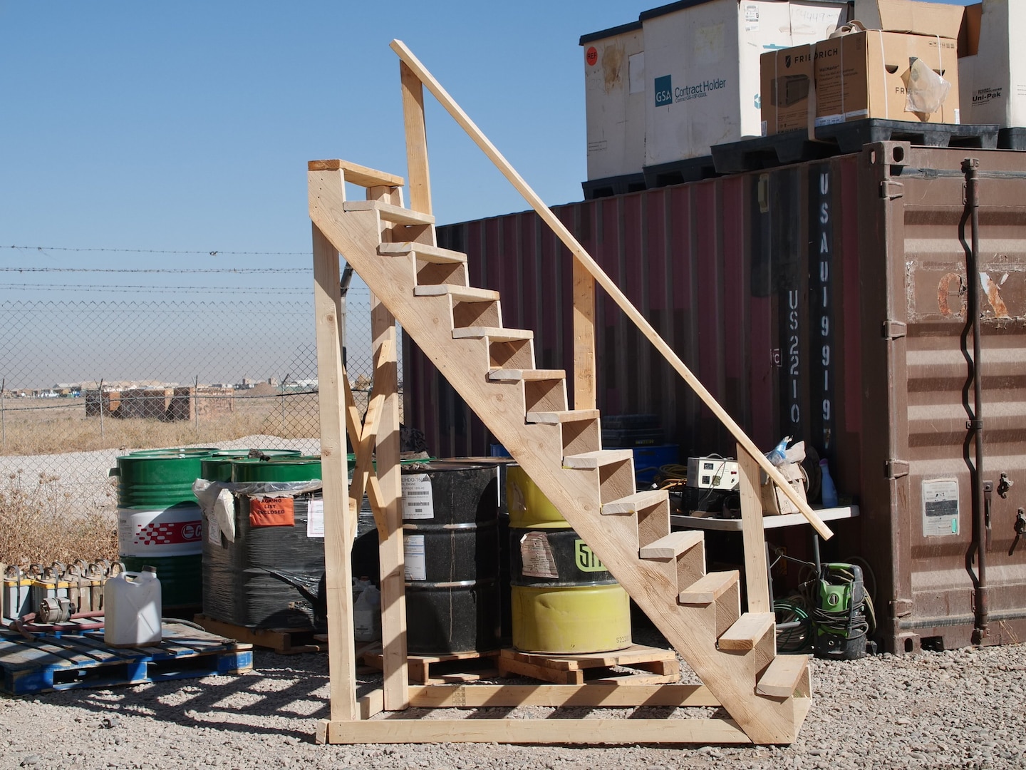 West Virginia Army National Guard Soldiers with the 1022nd Engineer Company have built more than 15 staircases for use by troops across Erbil Air Base in Iraq. The staircases are placed in some of the most highly traveled areas, enabling Soldiers to get to elevated platforms safer and more efficiently.