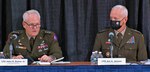 Lt. Gen. John R. Evans Jr. (left), commanding general for U.S Army North, speaks at the Enhancing National Resiliency panel during this year’s Association of the United States Army meeting