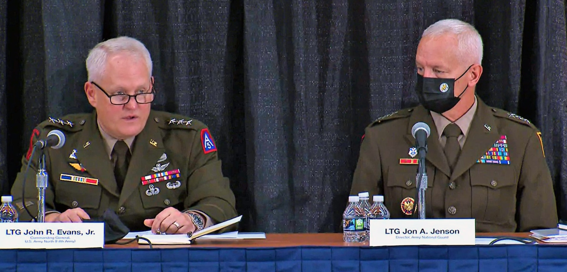 Lt. Gen. John R. Evans Jr. (left), commanding general for U.S Army North, speaks at the Enhancing National Resiliency panel during this year’s Association of the United States Army meeting