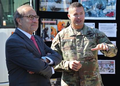 U.S. Army Lt. Col. Samuel Roberts, right, commander of the Marietta-based 4th Civil Support Team, 201st Regional Support Group, Georgia Army National Guard, briefs Jorge Martín Arturo Argüello, left, the Argentine ambassador to the U.S., Oct. 19, 2021, at the unit’s headquarters at Clay National Guard Center in Marietta, Georgia. Roberts explained unit’s roles and capabilities as part of the Georgia National Guard. (U.S. Army National Guard photo by Capt. Bryant Wine)