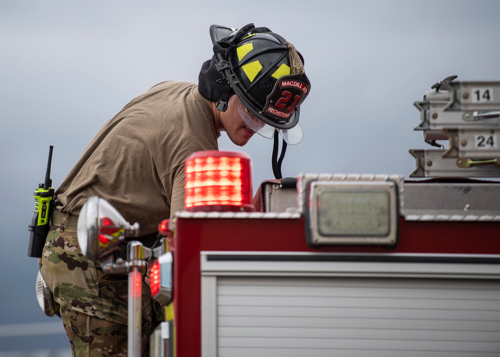 A fire protection specialist with the 6th Civil Engineer Squadron Fire Emergency Services Flight responds to a fire at MacDill Air Force Base, Florida, Sept. 20, 2021.