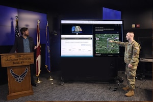 U.S. participants, Air Force Capt. William Dallmann and Cody Kearse of the Air Force Research Laboratory’s Information Directorate at Rome, New York, interact with UK and U.S. AI tools during the virtual demonstration as part of the UK and U.S. collaboration for accelerating AI development, Oct. 18, 2021. (Courtesy photo)