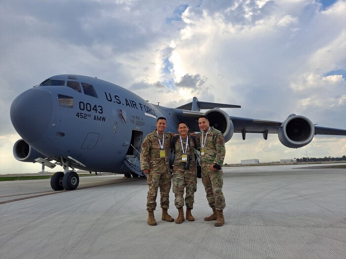 Capt. Hector Perez-Ramos, 502nd Logistics Readiness Squadron flight commander, 2nd Lt. Danny Rangel, 72nd Air Base Wing Public Affairs Officer, and Tech Sgt. Elio De Los Santos, Inter-American Air Force Academy instructor, provided support for the Feria Aeroespacial México (FAMEX), or the Mexico Aerospace Fair at Base Aérea No.1 de Santa Lucía, Mexico, Sept. 21, 2021. The U.S. participated in the air show as the “country of honor,” a special designation signifying the partnership and cooperation between both countries. (U.S. Air Force photo by 2nd Lt. Danny Rangel)