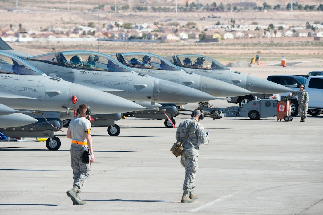 Pilots and crews from the 140th Wing prepare for a mission over the skies of Nevada during Red Flag 17-2 at Nellis Air Force Base, Nevada.