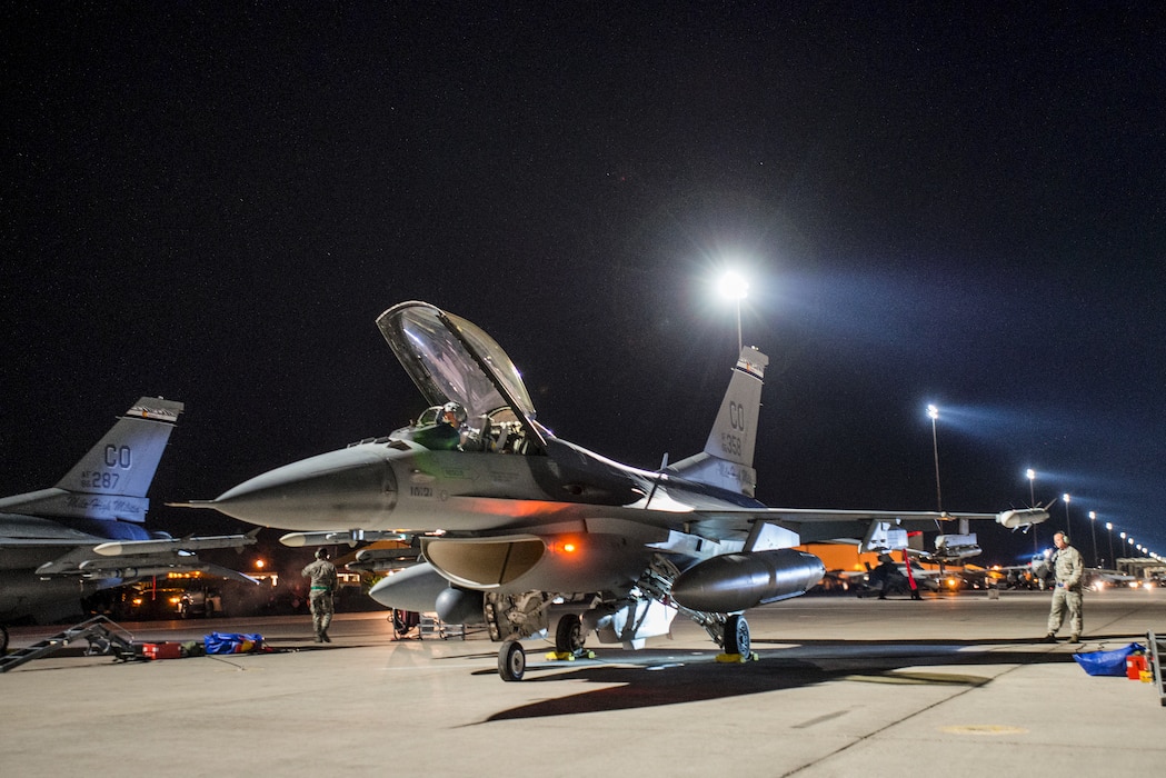 Maj Mathew “Chaff” Crabb prepares his aircraft for a training mission prior to a night mission during Red Flag 17-2 at Nellis AFB, Nevada.