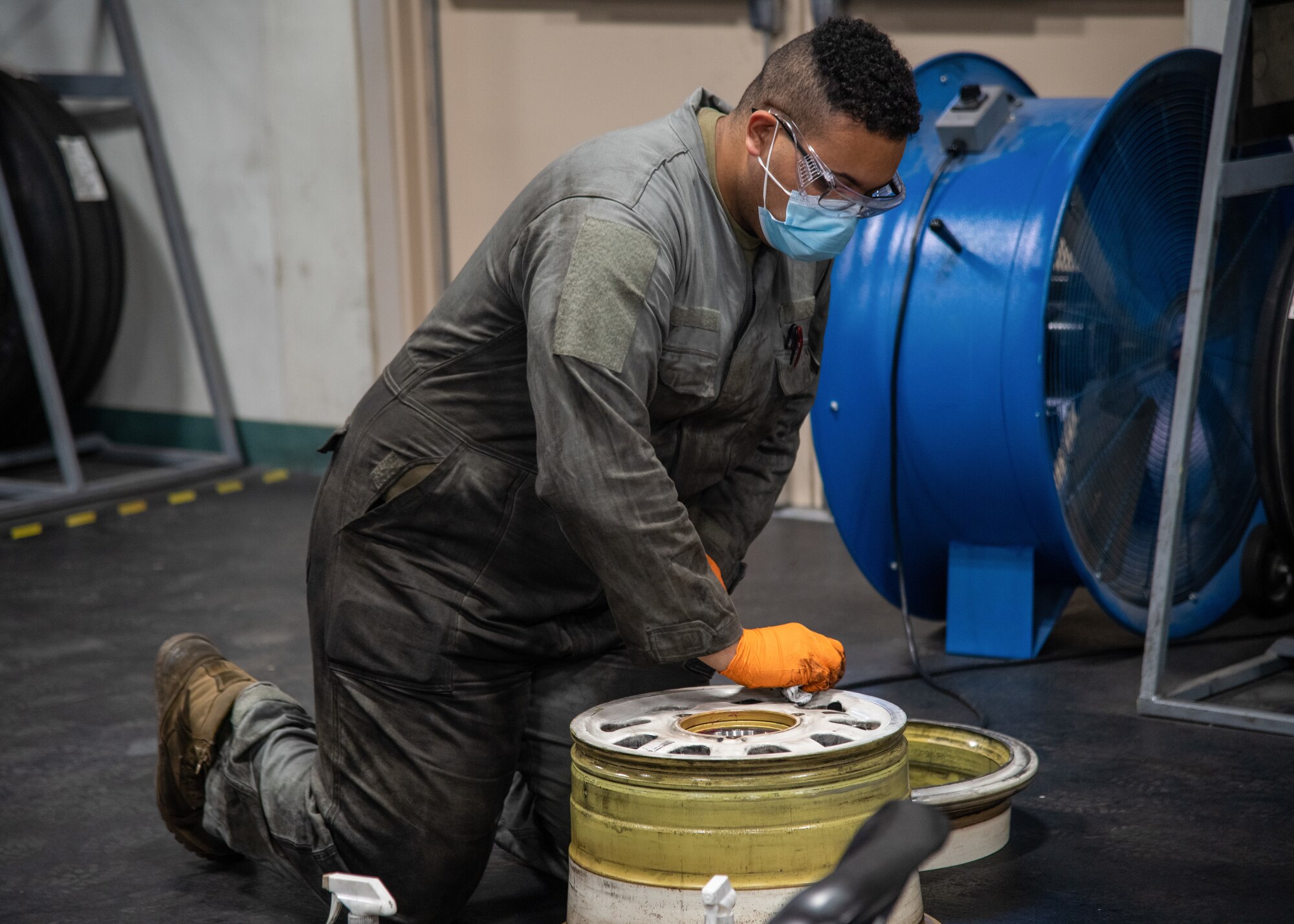 U.S. Air Force Staff Sgt. Trevaun Reddic, 56th Equipment Maintenance Squadron wheel and tire craftsman, cleans an F-35A Lightning II main wheel hub assembly Oct. 14, 2021, at Luke Air Force Base, Arizona. The wheel and tire shop provides wheels for all of the F-35A and F-16 Fighting Falcon fighter squadrons at Luke. The wheel and tire shop provides essential and reliable aircraft parts for the F-35A and F-16s, supporting the world’s greatest fighter pilots and combat-ready Airmen. (U.S. Air Force photo by Staff Sgt. Collette Brooks)