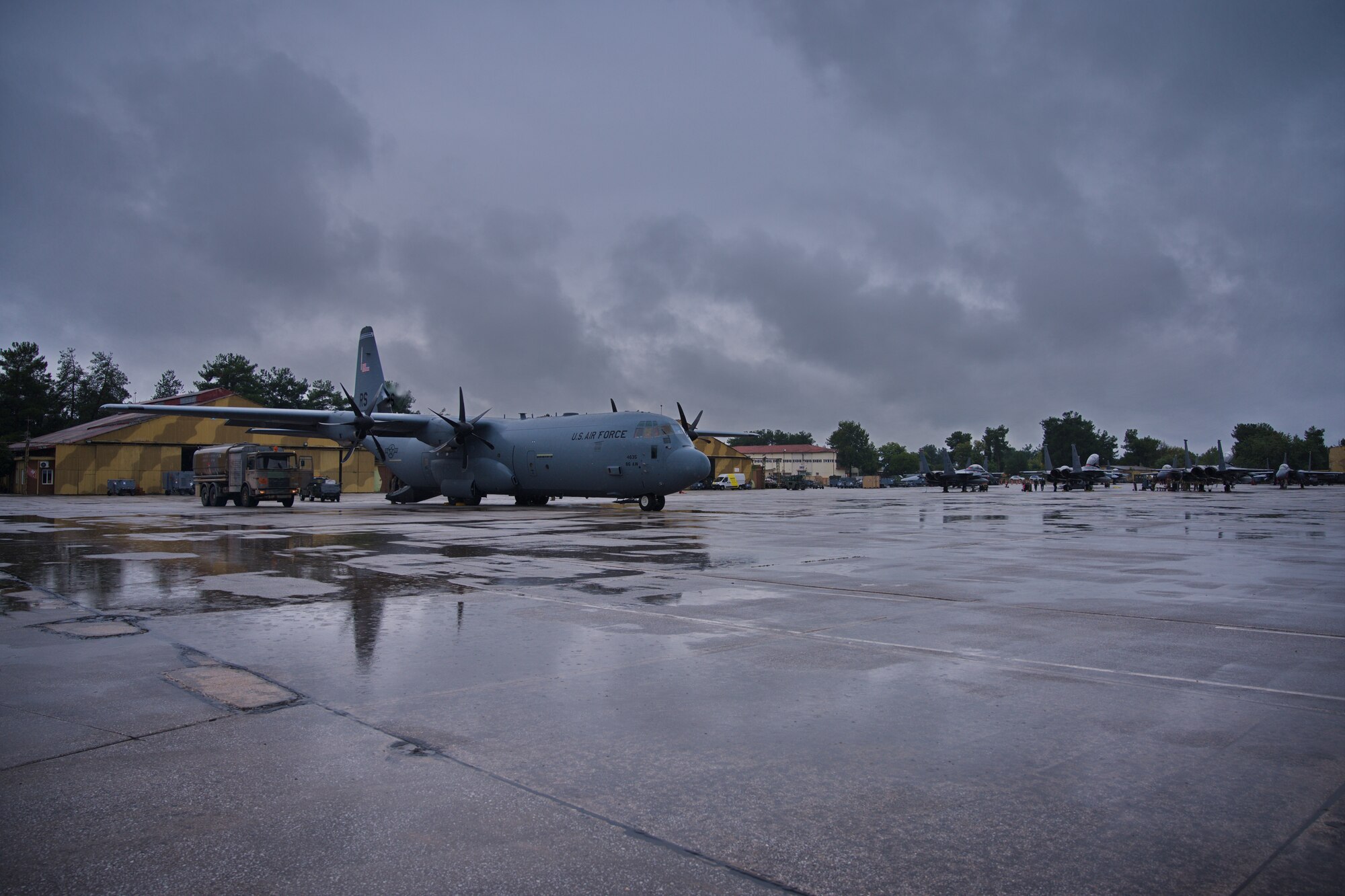 A C-130J Super Hercules aircraft assigned to the 37th Airlift Squadron, Ramstein Air Base, Germany, provides airlift support during Operation Castle Forge at Larissa Air Base, Greece, Oct. 15, 2021. Castle Forge is a U.S. Air Forces Europe-Air Forces Africa-led joint, multinational training event demonstrating the joint force’s combined ability to respond in times of crisis with a flexible, reassuring presence. (U.S. Air Force photo by Senior Airman Branden Rae)