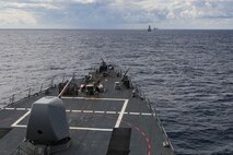 The Arleigh Burke-class guided-missile destroyer USS Porter (DDG 78) participates in ship formation maneuvering exercises while the Italian Navy conducts live fire gunnery exercises as part of Mare Aperto , Oct. 13, 2021. Porter, forward-deployed to Rota, Spain, is on its 10th Patrol in the U.S. Sixth Fleet area of operations in support of U.S. national security interests in Europe and Africa.