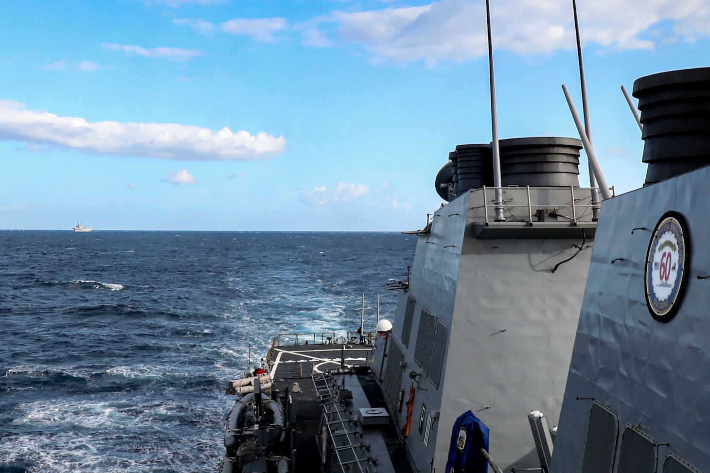 The Arleigh Burke-class guided-missile destroyer USS Porter (DDG 78) participates in ship formation maneuvering exercises while the Italian Navy conducts live fire gunnery exercises as part of Mare Aperto, Oct. 15, 2021. Porter, forward-deployed to Rota, Spain, is on its 10th Patrol in the U.S. Sixth Fleet area of operations in support of U.S. national security interests in Europe and Africa.