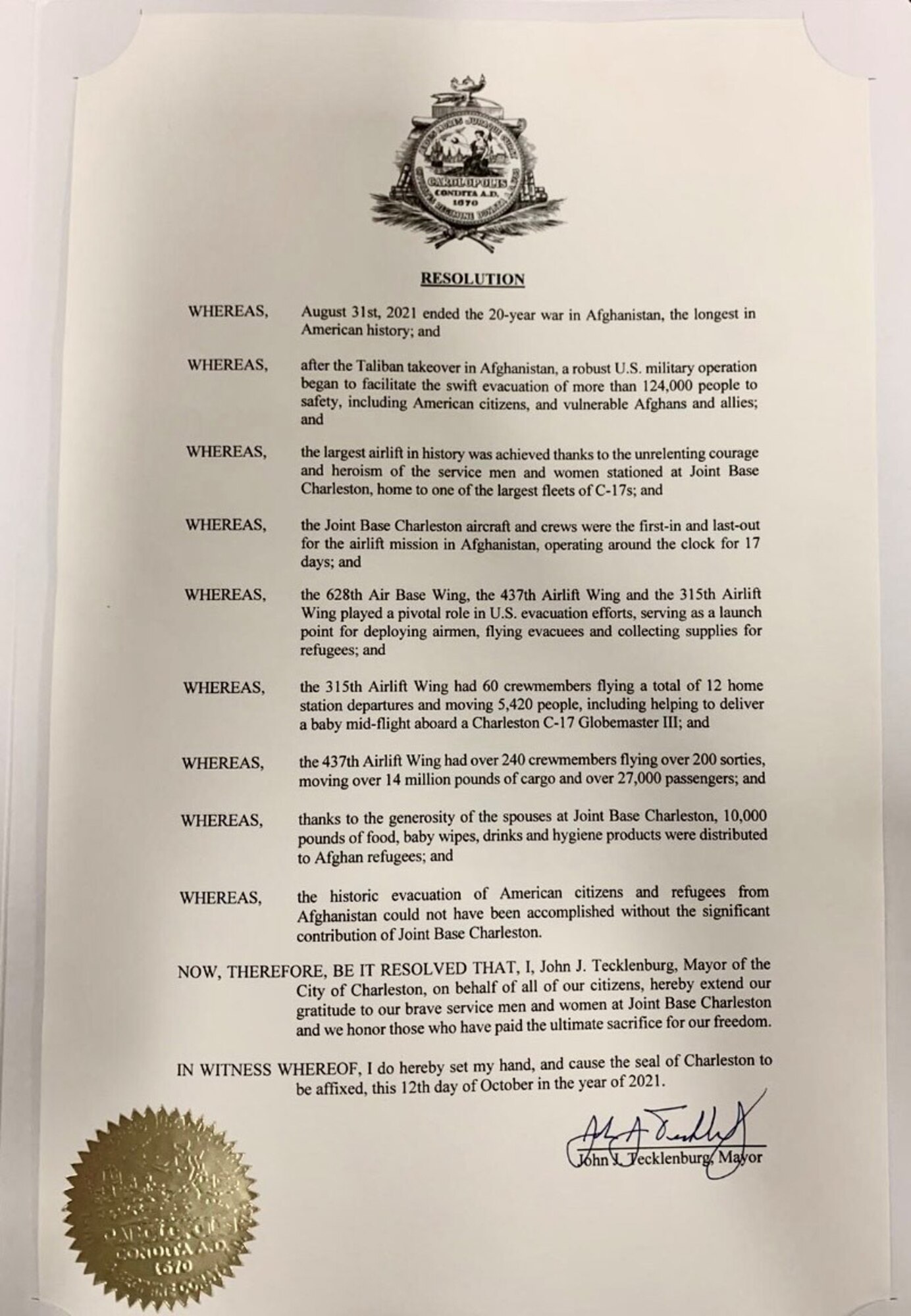 Joint Base Charleston recognized for Afghanistan evacuation efforts