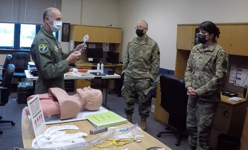 U.S. Air Force Col. Adam Colombo, 111th Medical Group Commander, instructs members participating in the Advance Trauma Life Support Course held at Biddle Air National Guard Base in Horsham, Pennsylvania, September 28, 2021. This is the second time the 111th MDG has hosted ATLS, which was developed by the American College of Surgeons and first introduced in the U.S. and abroad in 1980. (U.S. Air National Guard photo by Tech. Sgt. Tyrone G. Mitchell)