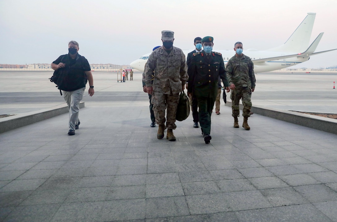 Gen. Kenneth F. McKenzie Jr., the commander of the United States Central Command, arrives at the airport during a visit to Abu Dhabi, United Arab Emirates, Oct. 18, 2021. “UAE’s support to the global coalition to defeat Daesh has been tremendous,” McKenzie said. “Together, we continue to disrupt Daesh’s ability to organize, plan attacks and spread its propaganda.” (U.S. Army photo by SSG John Onuoha, United States Central Command)