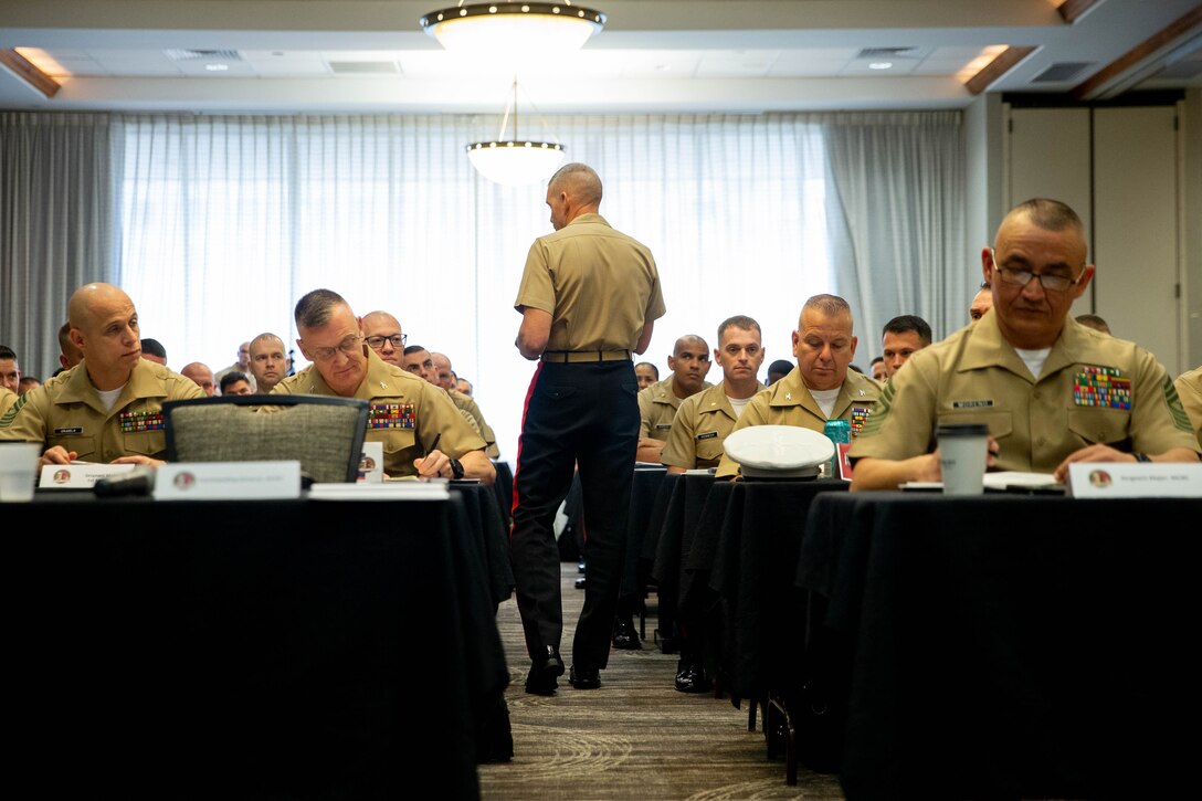 U.S. Marine Corps Major Gen. Jason Q. Bohm, Marine Corps Recruiting Command Commanding General, delivers opening remarks at the MCRC National Operations and Training Symposium in San Antonio, Texas, Oct. 20. This annual event recognizes recruiting station's superior performance while achieving mission and prepare for the upcoming challenges of FY22. (U.S. Marine Corps photo by Lance Cpl. Jennifer Sanchez)