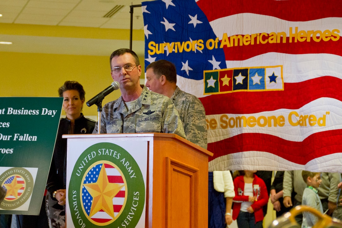 Lt. Gen. Joseph L. Lengyel, vice chief of the National Guard Bureau, speaks to family members of fallen U.S. service members during a Survivors Outreach Services event in Louisville, Ky., Nov. 2, 2014. Families from 10 states gathered at Churchill Downs race track for the fifth annual Survivors Day at the Races.