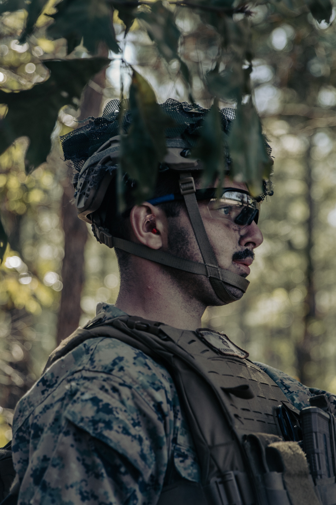 U.S. Marine Corps Cpl. Tristen Koenig, a native of Jackson, Mo., and a combat engineer with 2d Combat Engineer Battalion, 2nd Marine Division, posts security during the Sapper Leaders Course on Camp Lejeune, N.C., Oct. 20, 2021.