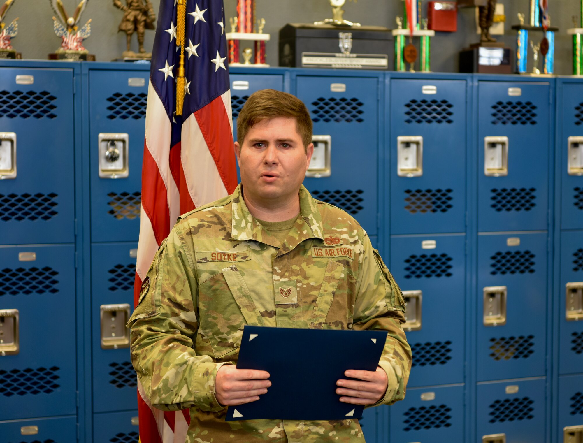 Tech. Sgt. Jeremy Soyke, 15th Aircraft Maintenance Squadron crew chief, speaks after receiving a Stripes for Exceptional Performers promotion at Joint Base Pearl Harbor-Hickam, Hawaii, 15 Oct., 2021. The STEP program was established in 1980 and was designed to meet those unique circumstances that, in the commander’s judgment, clearly warrant promotion. (U.S. Air Force photo by 1st Lt. Benjamin Aronson)