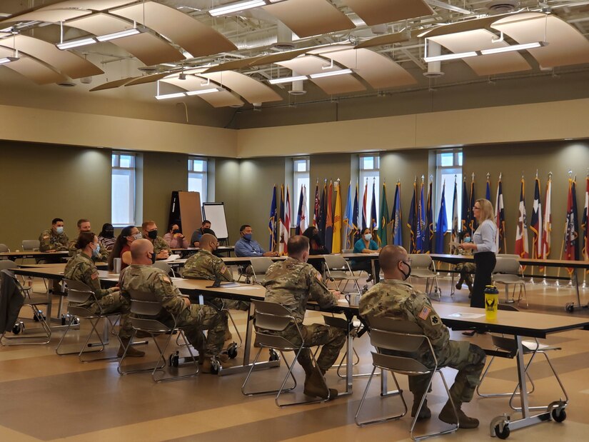 Ms. Kim Jacobs, U.S. Army Civil Affairs and Psychological Operations Command (Airborne) G2 (Intelligence), conducted a briefing during Suicide Prevention training on Fort Bragg, N.C., Sept. 23, 2021. Jacobs spoke to the attendees about removing the stigma regarding seeking help, she helped to dispel some of the myths surrounding mental health and security clearances, and clarified the adjudication process.