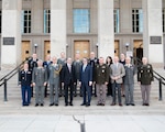 Senior leaders with the Vermont National Guard, Austrian Defence Attache staff and personnel from the Office of the Secretary of Defense pose for a photo outside the Pentagon on Oct. 15, 2021. Austria and Vermont will become partners within the U.S. Defense Department's State Partnership Program. The pairing of Austria and Vermont was announced as part of the U.S.-Austria Defense Talks between delegations from the Federal Ministry of Defence of Austria and the DOD. (Courtesy photo)