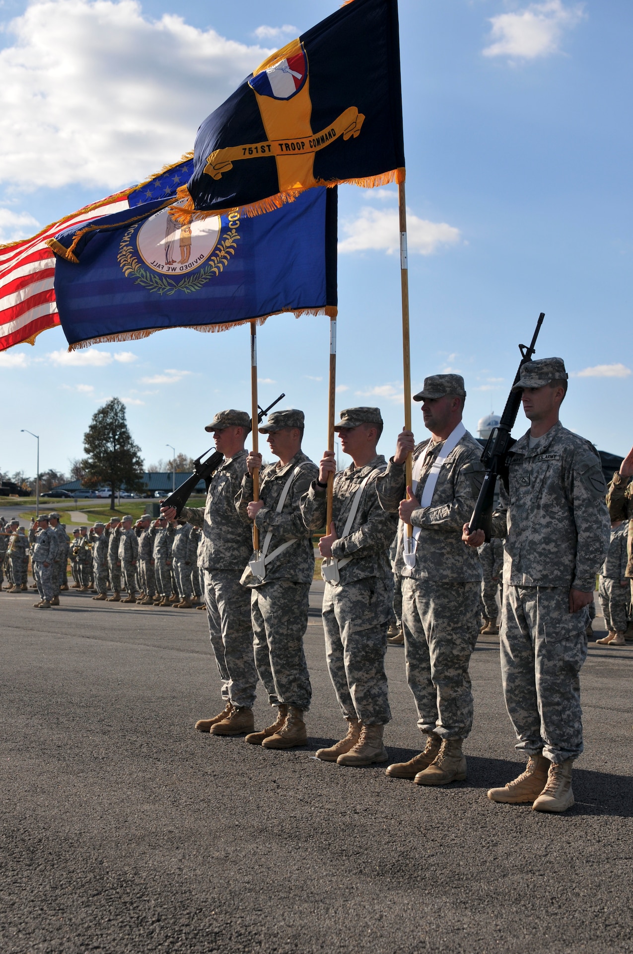 The 751st Troop Command color guard stands at attention during a change of command ceremony at Wendell H. Ford Regional Training Center in Greenville, Ky., Oct. 27, 2012. The ceremony welcomed Lt. Col. Scott C. Thomas as the new battalion commander. (U.S. Army Photo by Sgt. Cody Stagner, 133rd Mobile Public Affairs Detachment/Released)