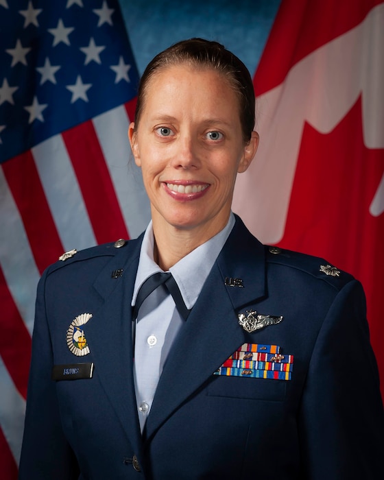 Official portrait of Lieutenant Colonel (Lt Col) Juliana T. Bruns, United States Air Force (USAF) Commander, First Air Force (1 AF), Detachment 2 (Det 2) Commander, 22 Wing, Operations Support Squadron (OSS) and Deputy Command, Canadian Air Defence Sector taken on the 17th of September 2021.