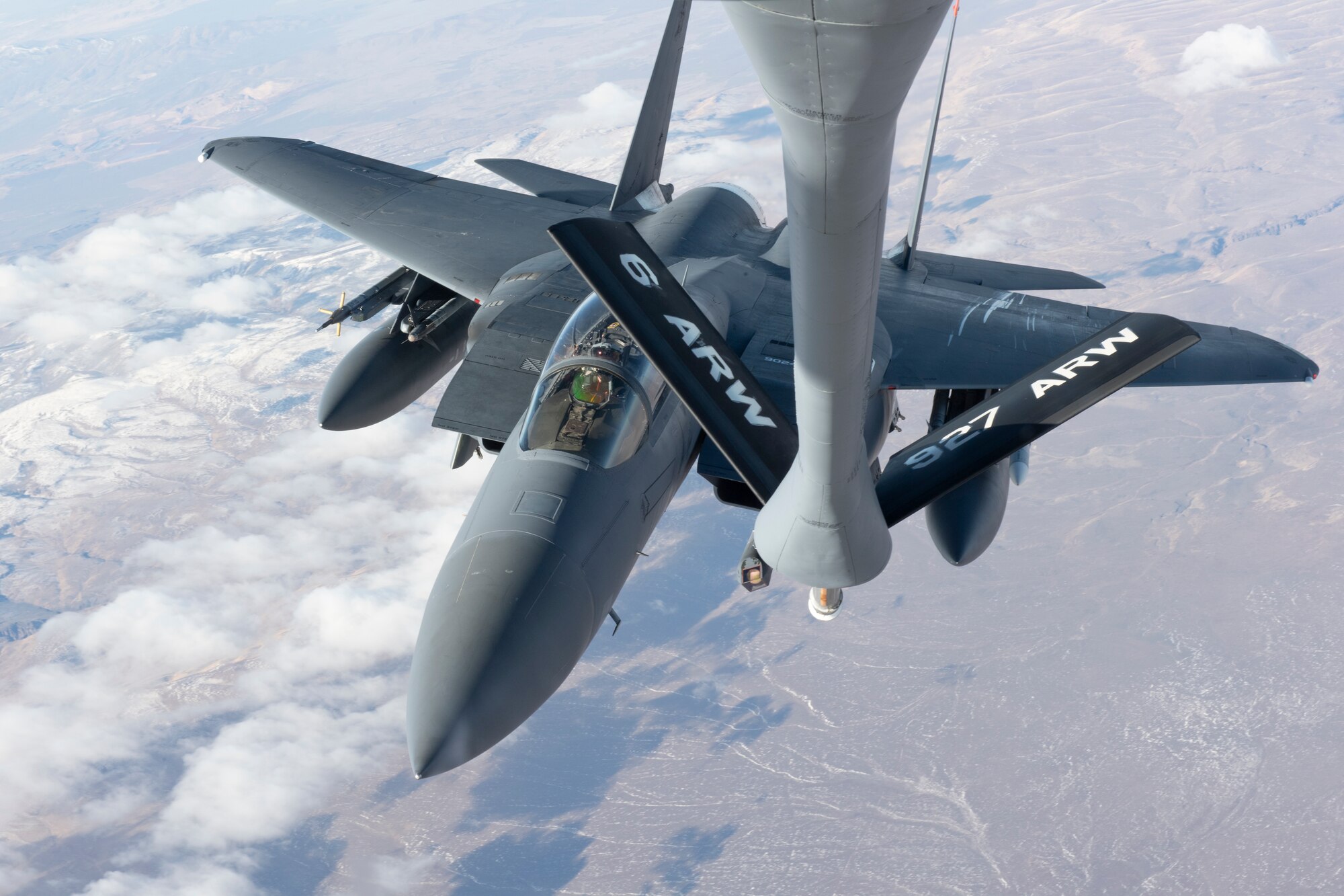 An F-15 Eagle assigned to Mountain Home Air Force Base approaches the boom of a KC-135 Stratotanker aircraft assigned to MacDill AFB during flight, Oct. 14, 2021.