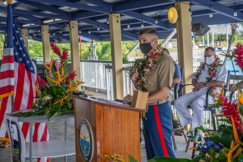 U.S. Marine Corps Col. Christopher Bopp, the Marine Corps Base Camp Blaz commanding officer, gives a speech during an award ceremony held on U.S. Naval Base Guam, Oct. 14, 2021.