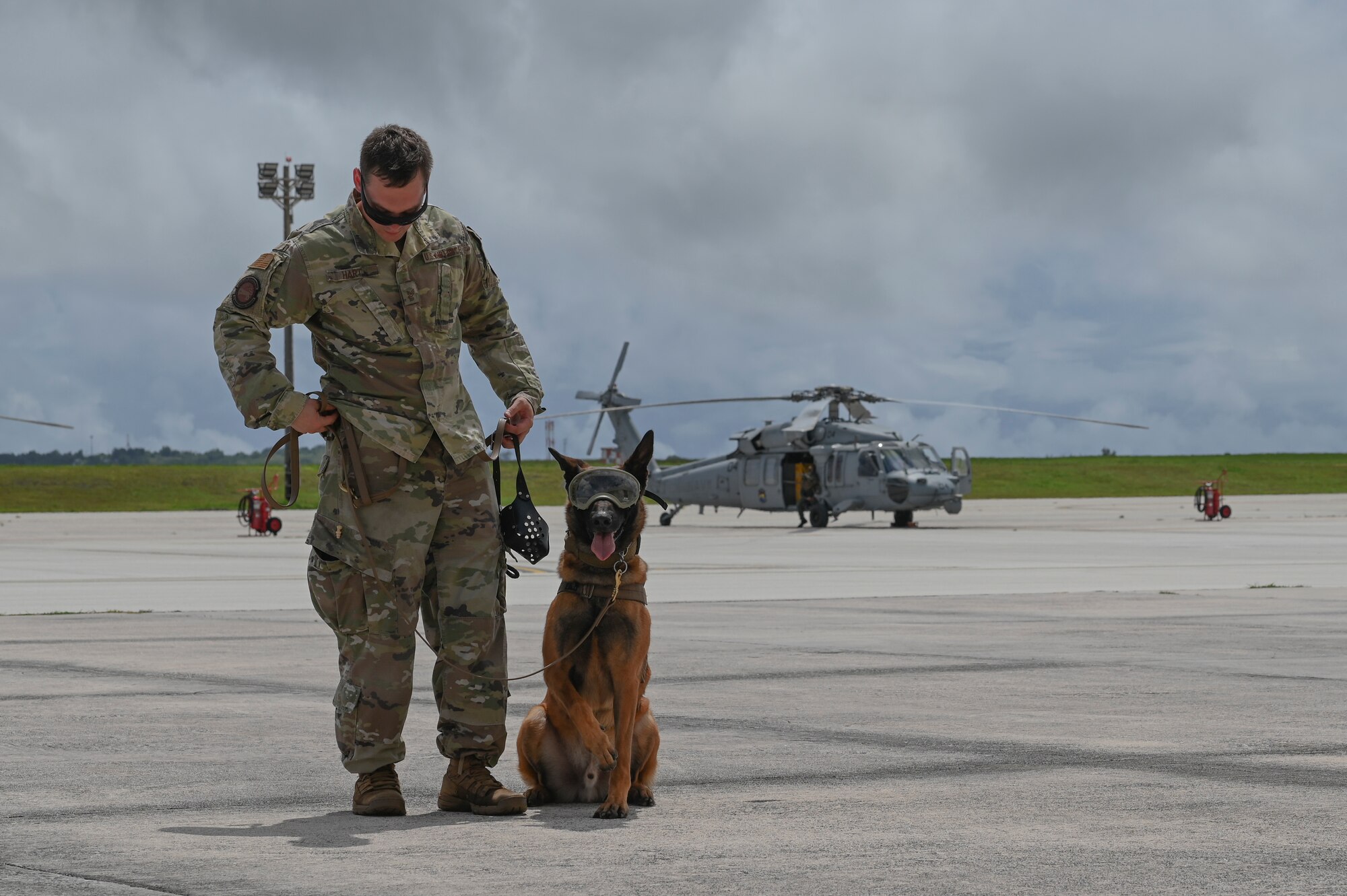 A military member and his military working dog posing for a photo.
