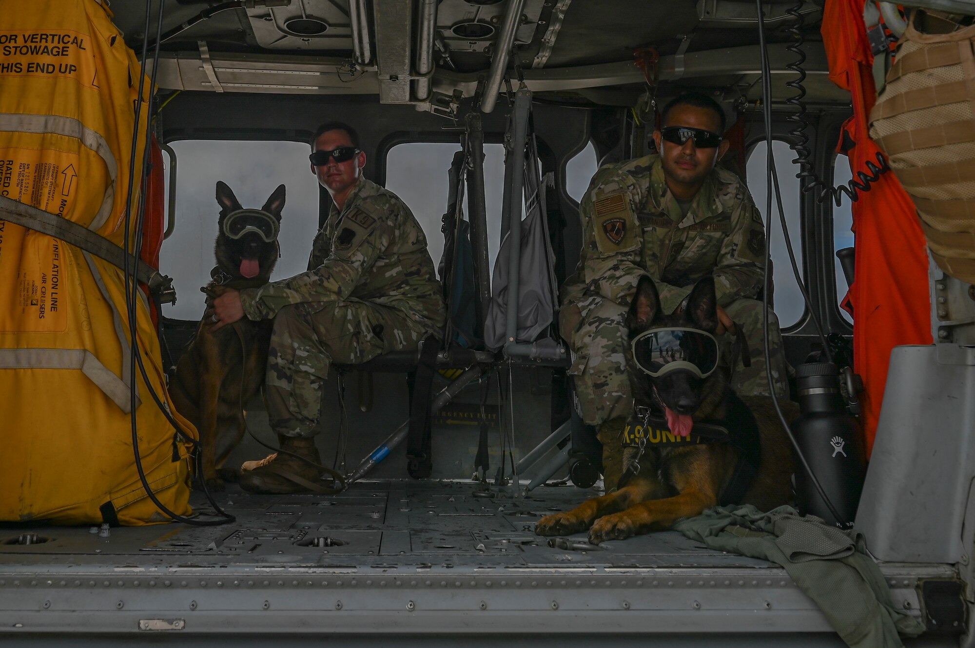 Two military members with their military working dogs in a helicopter.