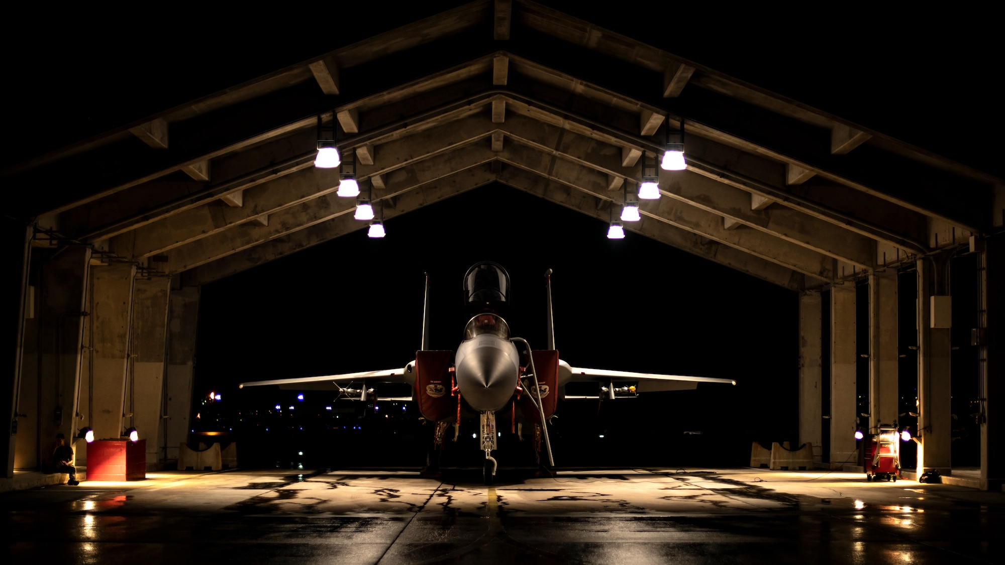 A U.S. Air Force F-15C Eagle assigned to the 67th Fighter Squadron is parked on the flightline prior to the start of a super surge exercise at Kadena Air Base, Japan, Oct. 19, 2021. 18th Wing fighter squadrons are capable of flying more than 100 sorties a day while conducting surge operations, honing air-to-air tactics and advanced combat maneuvers. (U.S. Air Force photo by Senior Airman Jessi Monte)