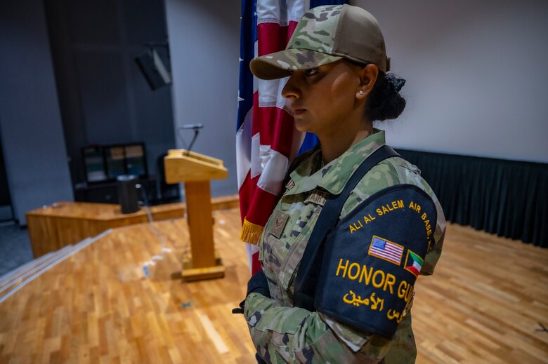Senior Airman Ramandeep Kaur, assigned to the Office of Special Investigations 242nd Detachment Locally Employed Persons Screening Team, participates in honor guard practice at Ali Al Salem Air Base, Kuwait, Oct. 19, 2021.