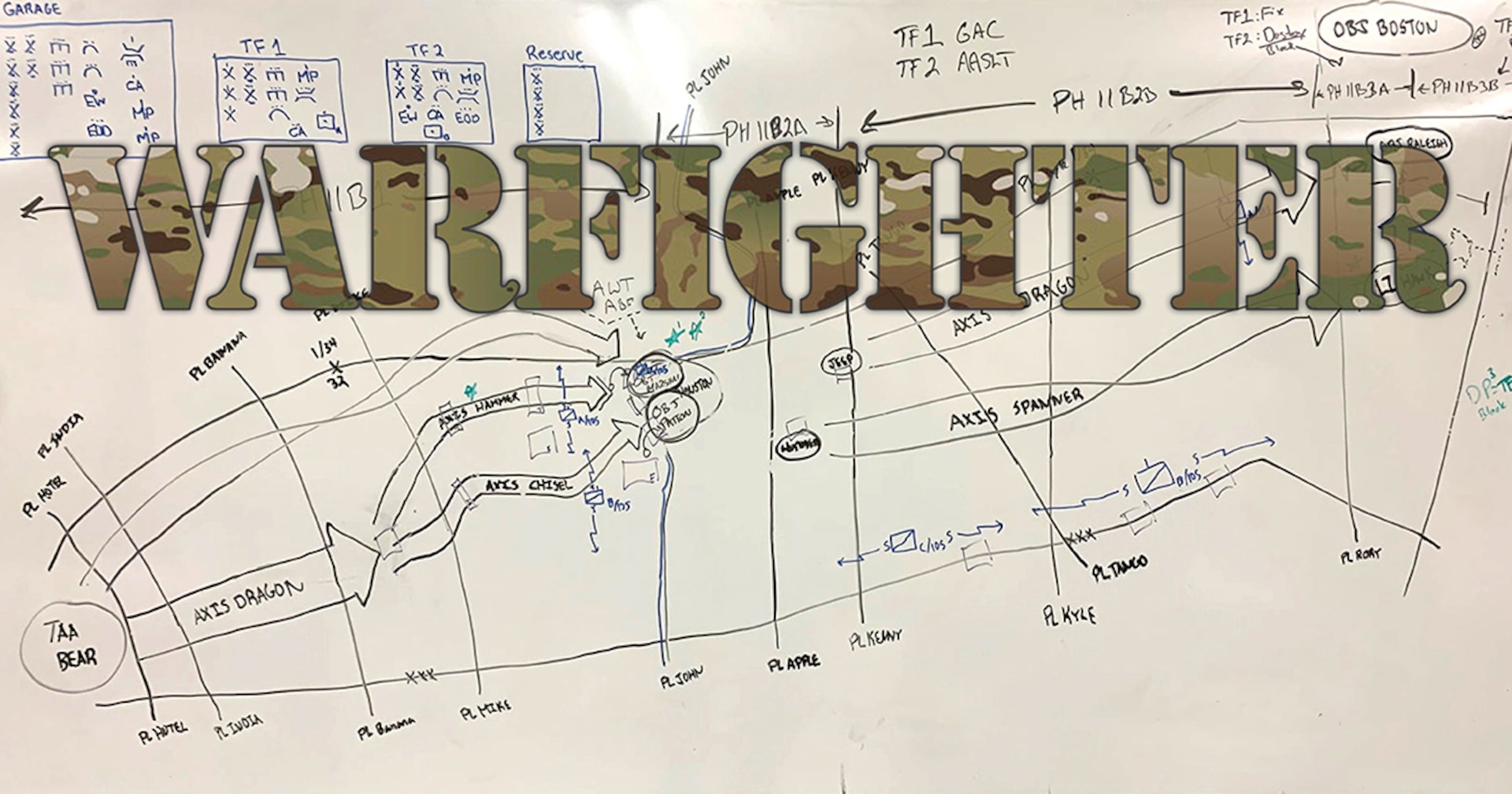 A whiteboard shows the battle plan to advance troops during Warfighter Exercise 22-1. Headquarters staff from the Wisconsin Army National Guard’s 32nd Infantry Brigade Combat Team and 157th Maneuver Enhancement Brigade participated in this exercise Sept. 27 to Oct. 6 at Fort Riley, Kansas.