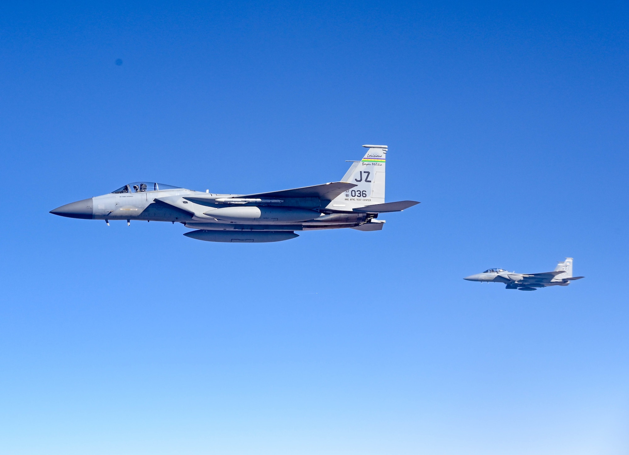 An F-15C and an F-15EX assigned to the 85th Test and Evaluation Squadron, Eglin Air Force Base, Florida, fly alongside a KC-135 assigned to the 465th Air Refueling Squadron, Tinker AFB, Oklahoma, Oct. 15, 2021. (U.S. Air Force photo by 2nd Lt. Mary Begy)