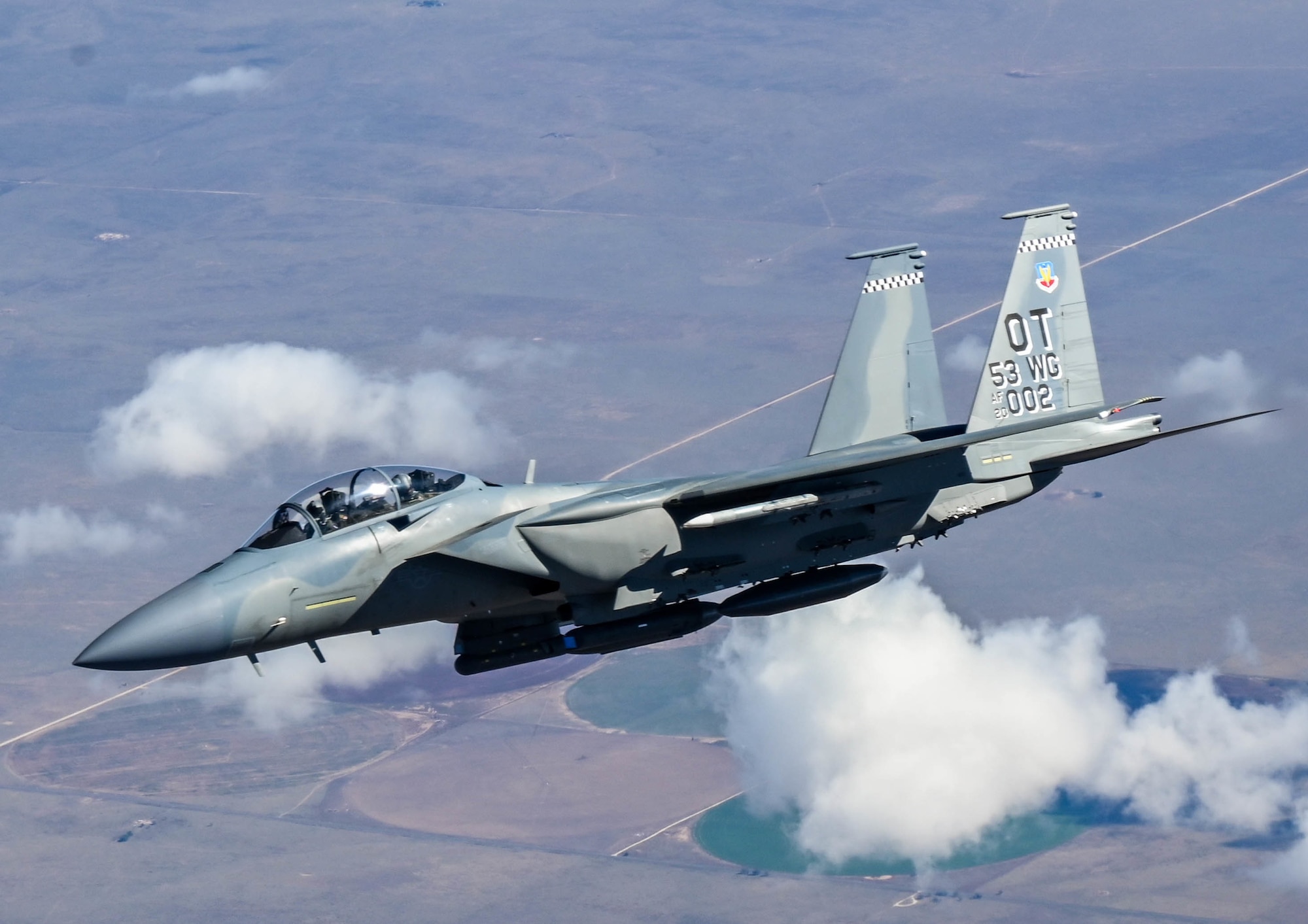 A F-15EX assigned to the 85th Test and Evaluation Squadron, Eglin Air Force Base, Florida, flies behind a KC-135 assigned to the 465th Air Refueling Squadron, Tinker AFB, Oklahoma, Oct. 15, 2021. In-air refueling allows fighter aircraft to stay airborne for longer periods of time without having to land to refuel. (U.S. Air Force photo by 2nd Lt. Mary Begy)