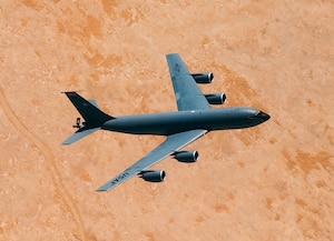 A U.S. Air Force KC-135 Stratotanker aircraft, assigned to the 350th Expeditionary Aircraft Refueling Squadron, flies over Qatar, Feb. 13, 2021.