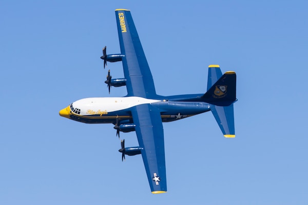 Fat Albert, a C-130 Hercules aircraft assigned to the Blue Angels, performs during the 2021 air show at Marine Corps Air Station Cherry Point, North Carolina