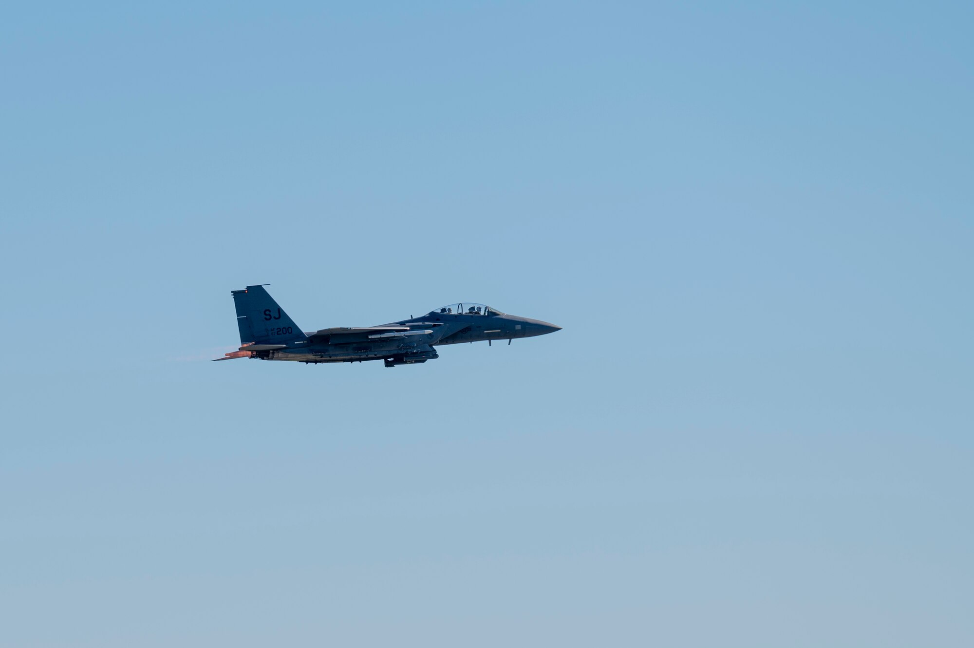 An F-15E Strike Eagle from the 334th Fighter Squadron flies over Seymour Johnson Air Force Base, North Carolina, Oct. 19, 2021.