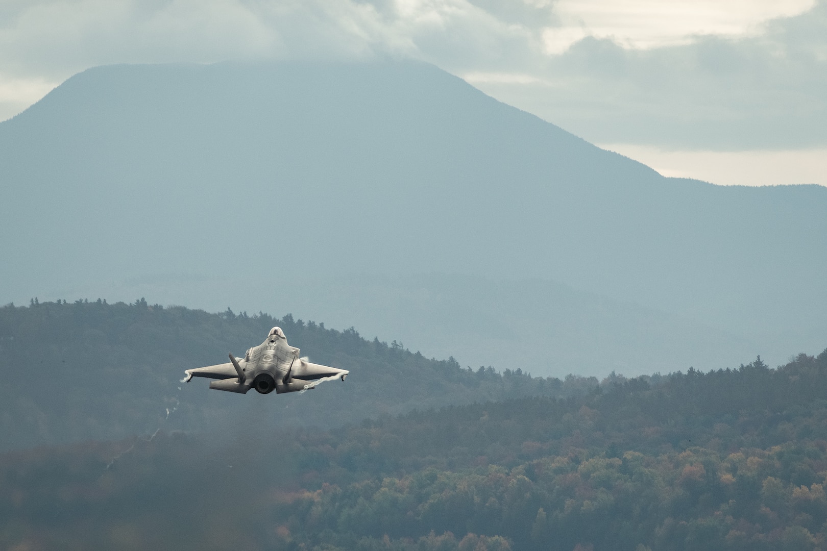 F-35A Lightning IIs assigned to the 158th Fighter Wing, Vermont Air National Guard, take off for a training mission involving eight aircraft from South Burlington Air National Guard Base, South Burlington, Vermont, Oct. 15, 2021. To maintain readiness and proficiency, the wing conducts two training missions per day during the week of up to 10 aircraft. (U.S. Air National Guard photo by Master Sgt. Ryan Campbell)