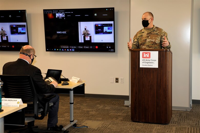 Col. Geoffrey Van Epps, Commander, USACE Northwestern Division; Col. Mark Himes, Commander, Omaha District; Col. Travis Rayfield; Commander, Kansas City District; Col. Michael Helton; Commander, Portland District; Col. Alexander Bullock; Commander, Seattle District; Col. Richard Childers, Commander, Walla Walla District at the quarterly USACE Northwestern Division Regional Governance meeting, Omaha District Headquarters, Omaha, Nebraska, October 19, 2021