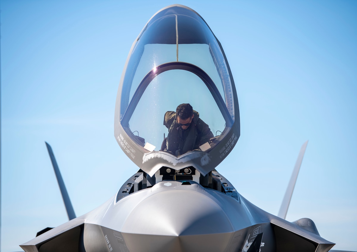 A U.S. Air Force F-35 Lightning II pilot assigned to the 354th Fighter Wing, Eielson Air Force Base, Alaska, climbs into the cockpit at Tyndall AFB, Florida, Oct. 15, 2021. The 356th Fighter Squadron participated in a Weapons System Evaluation Program, where units are tested on their air-to-air combat capabilities. (U.S. Air Force photo by Airman 1st Class Tiffany Price)