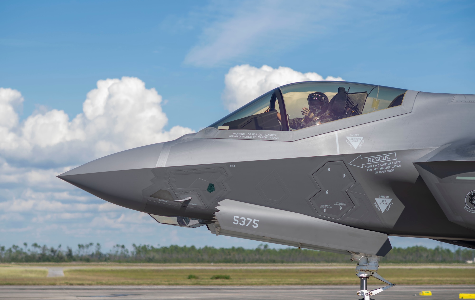 A U.S. Air Force F-35 Lightning II assigned to the 354th Fighter Wing, Eielson Air Force Base, Alaska, taxis at Tyndall AFB, Florida, Oct. 15, 2021. The 356th Fighter Squadron participated in a Weapons System Evaluation Program, hosted by the 53rd Weapons Evaluation Group, where units are tested on air-to-air combat capabilities. (U.S. Air Force photo by Airman 1st Class Tiffany Price)