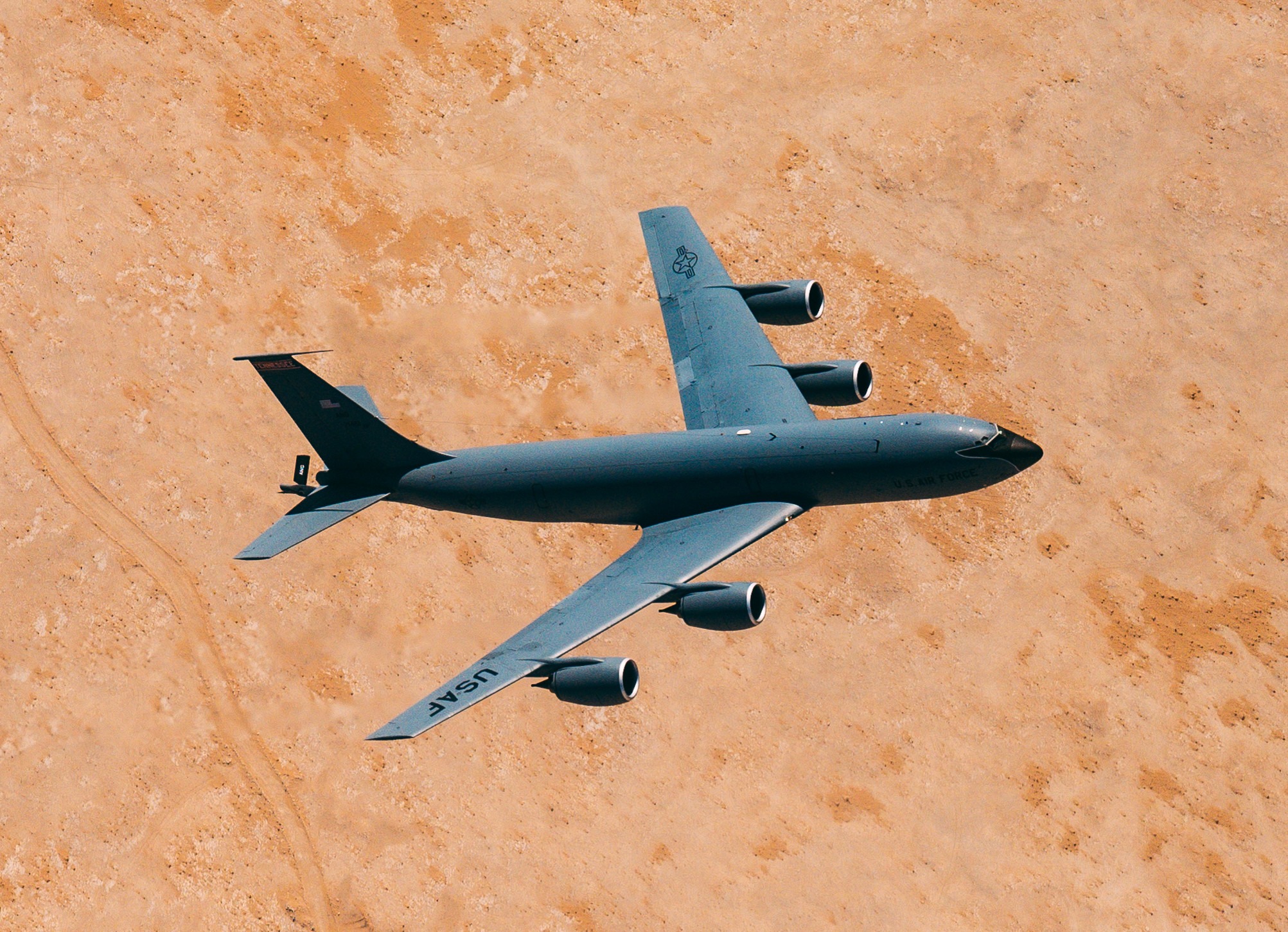 A U.S. Air Force KC-135 Stratotanker aircraft, assigned to the 350th Expeditionary Aircraft Refueling Squadron, flies over Qatar, Feb. 13, 2021.