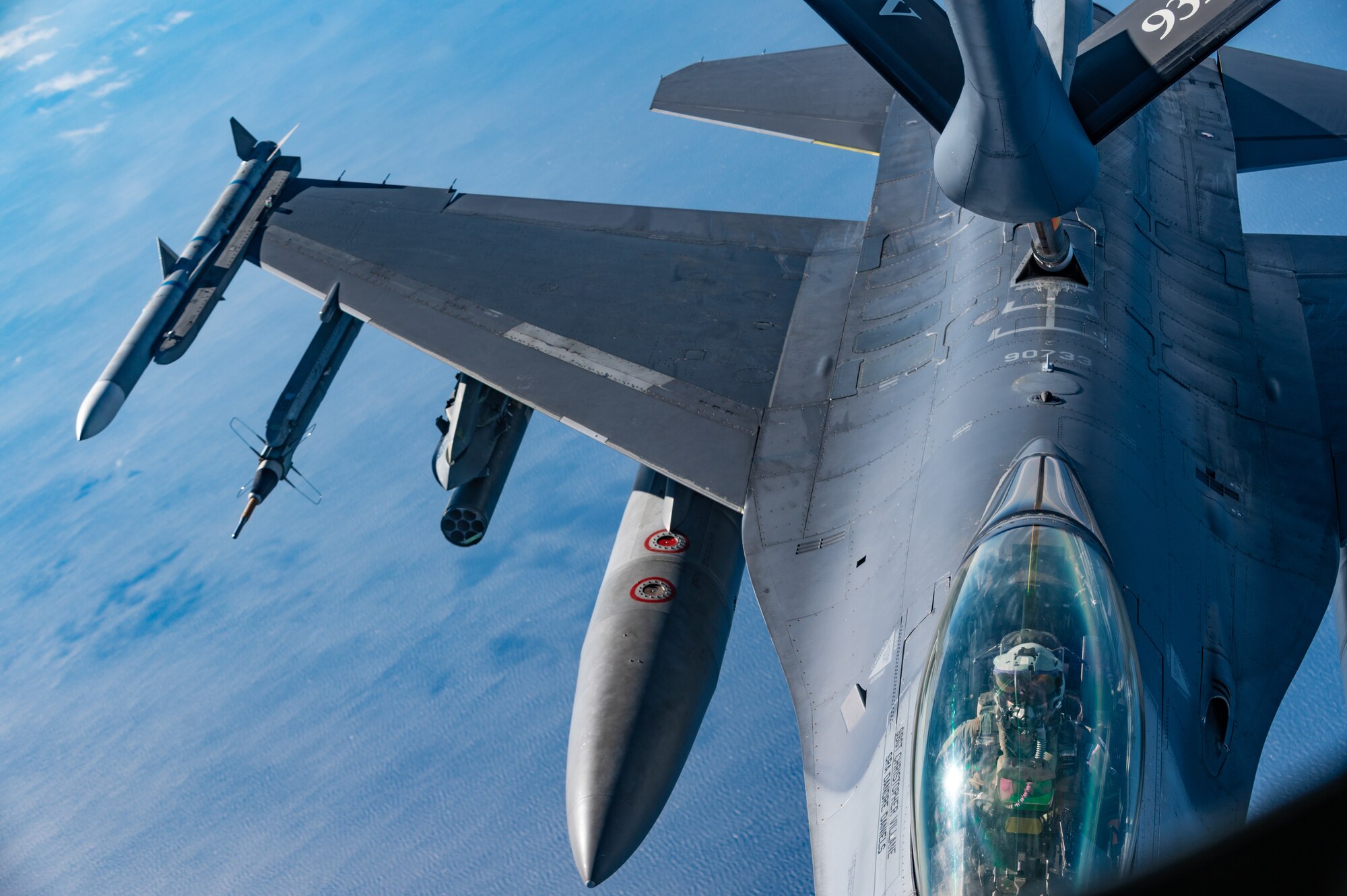 An F-16 receives fuel from a KC-135