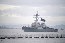 USS John S. McCain (DDG 56) arrives at Naval Station Everett, Washington, its new homeport after 24 years of forward deployment in the U.S. 7th fleet, October 16, 2021.