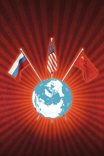 Depiction of US, Russian, and Chinese flags impaling the globe and symbolizing competition in the Arctic