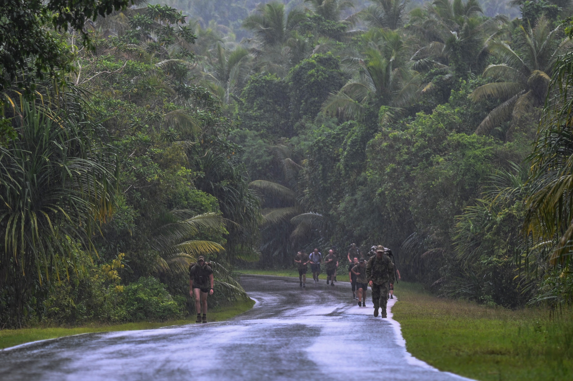 People walking up a hill in the rain