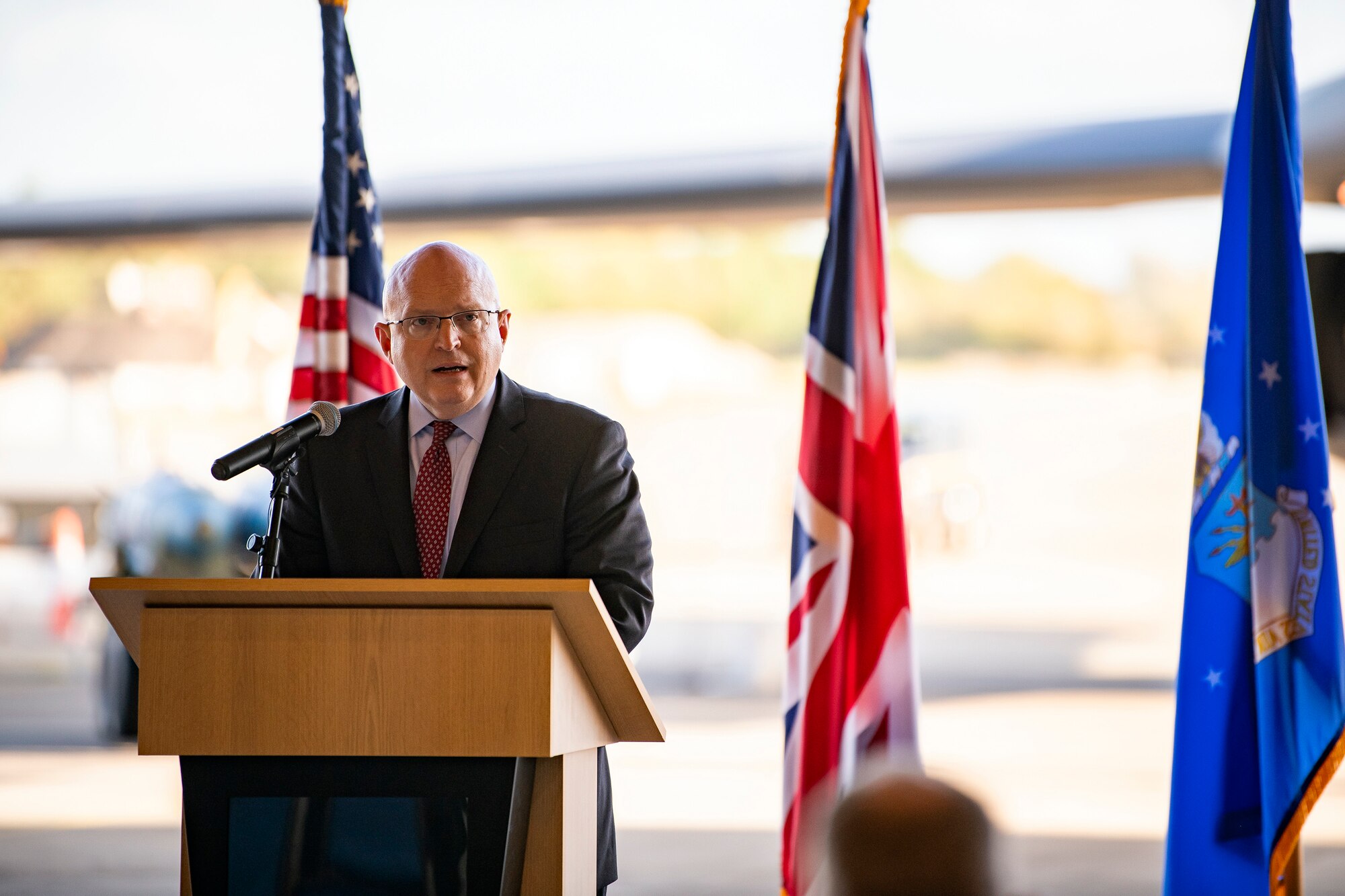 Ambassador Phillip T. Reeker, United States Embassy London Chargé d’Affaires, speaks during a Bomber Task Force press conference at RAF Fairford, England, Oct. 20, 2021. Airmen from the 9th Expeditionary Bomb Squadron are temporarily stationed at RAF Fairford as part of a BTF deployment. BTF deployments drive our allied and partnered coalition’s ability to continuously deliver airpower anywhere, anytime, and collectively build future operation capabilities in the defense of Europe as a whole. (U.S. Air Force photo by Senior Airman Eugene Oliver)